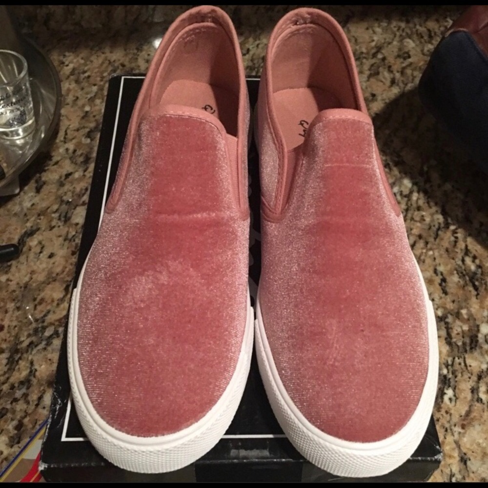 Pink velvet slip ons